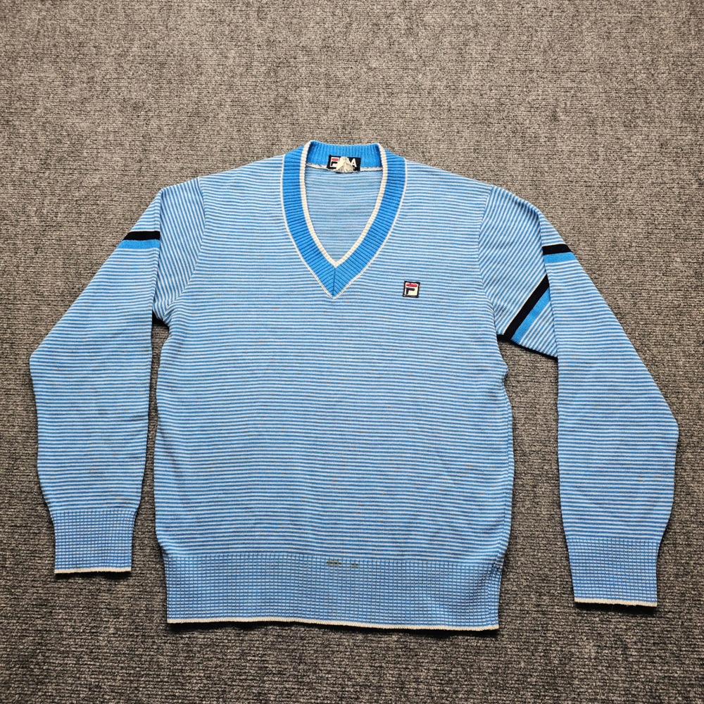 Vintage Fila V-Neck Sweater Mens Medium Blue White Striped Acrylic Knit Retro